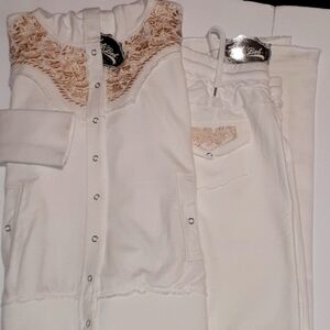 Wide Leg BOB HALE HOODIE RAW Hem Embroided Cream SPORTS Pant SET 280$ New